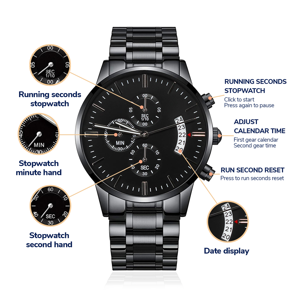 Black metal chronograph watch with three sub-dials and a date display, featuring callouts for stopwatch and calendar funct...